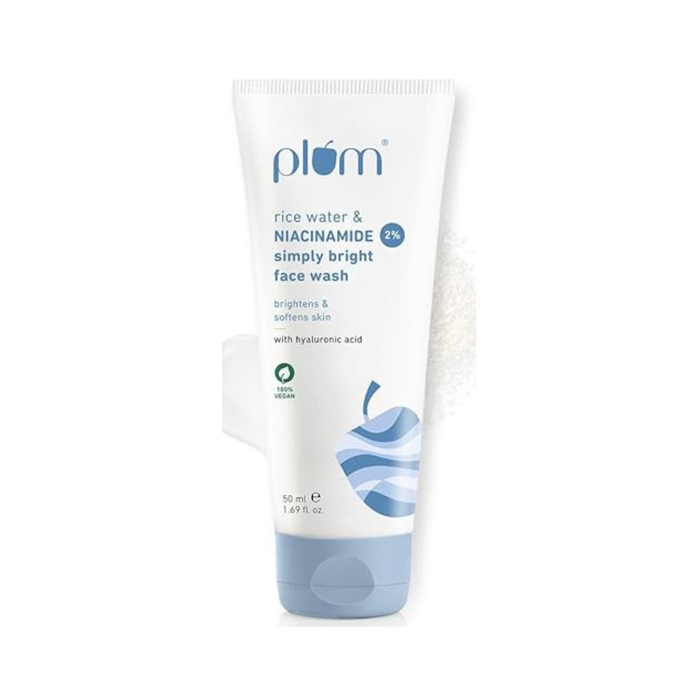 Plum Simply Bright 2% Niacinamide Face Wash With Rice Water | Brightens Skin, Helps Fade Blemishes | Softens & Smoothens Skin | Gentle & Non-Drying | Women & Men | 100% Vegan | 50 ml
