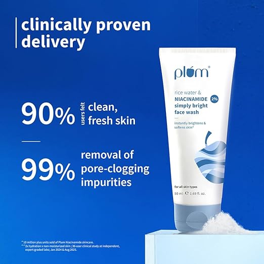 Plum Simply Bright 2% Niacinamide Face Wash With Rice Water | Brightens Skin, Helps Fade Blemishes | Softens & Smoothens Skin | Gentle & Non-Drying | Women & Men | 100% Vegan | 50 ml - Image 3