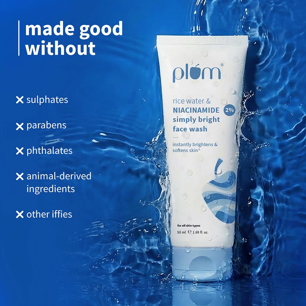 Plum Simply Bright 2% Niacinamide Face Wash With Rice Water | Brightens Skin, Helps Fade Blemishes | Softens & Smoothens Skin | Gentle & Non-Drying | Women & Men | 100% Vegan | 50 ml - Image 6